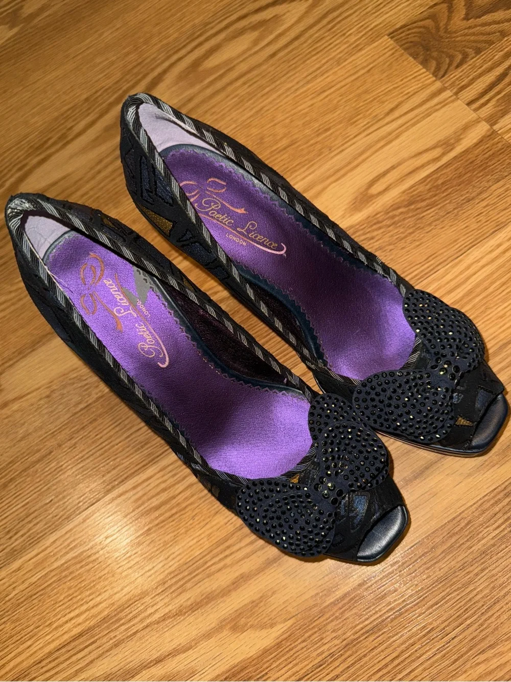 POETIC LICENCE LONDON black, purple, navy, forest green peep toe platforms 7.5